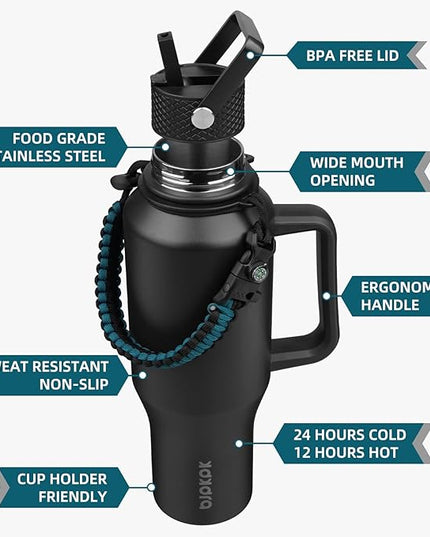 BJPKPK Insulated Water Bottles with Straw Lid, 35oz Metal Water Bottle with 2 lids & Paracord Strap, Double Wall Stainless Steel Tumbler with Handle, Reusable Cups, Mugs, Thermo, Black