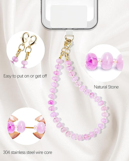 Natural Stone Beaded Phone Wrist Strap for Women – Detachable Chain Wristlet, Durable 304 Stainless Steel Core (Amethyst)