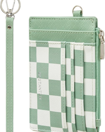 BOSTANTEN Small Wallet For Women RFID Leather Credit Card Holder Slim Wristlet Keychain Wallet With Zipper Pocket, Mint Green Checkered