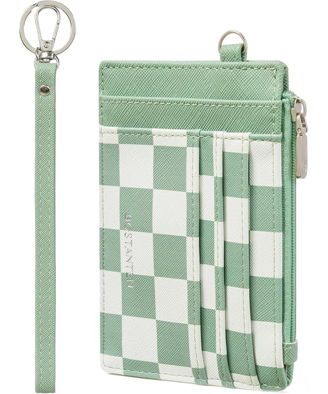 BOSTANTEN Small Wallet For Women RFID Leather Credit Card Holder Slim Wristlet Keychain Wallet With Zipper Pocket, Mint Green Checkered