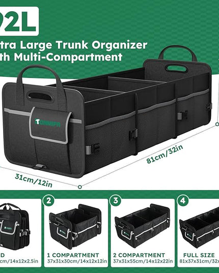 112L Large Capacity Car Trunk Organizer with 20L Insulated Fresh-Keeping Bag, Heavy-Duty 600D Waterproof Oxford Collapsible Storage for SUV, Sedan, Truck, 2 Securing Hooks & Reflective Strips