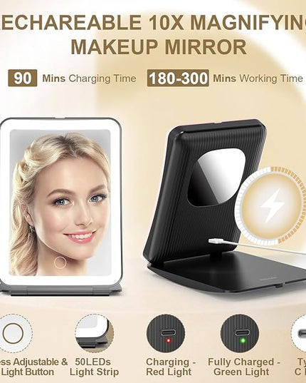 Mocado Travel Makeup Mirror with Light, 1x/10x Magnifying Mirror with Light, 3 Colors Lighted Magnifying Mirror, 2000mAh Rechargeable Lighted Makeup Mirror, Dimmable Touch, Memory Function (Black