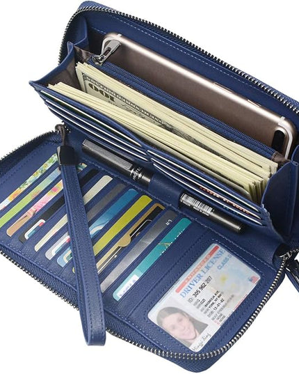 Bveyzi Women RFID Blocking Wallet Leather Zip Around Phone Clutch Large Capacity Ladies Travel Purse Wristlet | RFID Blocking, Zip Around, Large Capacity