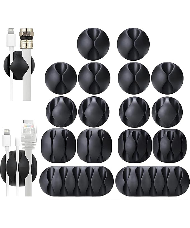 OHill 16-Pack Black Cord Organizer - Adhesive Cable Clips Holder for Desk, Wall, Car - Wire Management Clips for iPhone Charger, USB, Computer Cables -Cord Keepers with Strong Sticky Backing