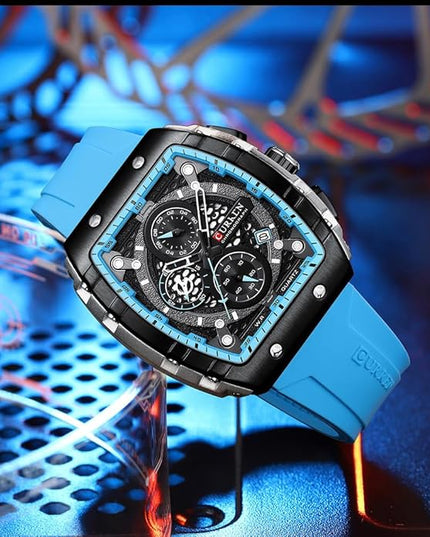 PASOY Luxury Chronograph Watches for Mens Rubber Strap Black Waterproof Date Analog Quartz Watch