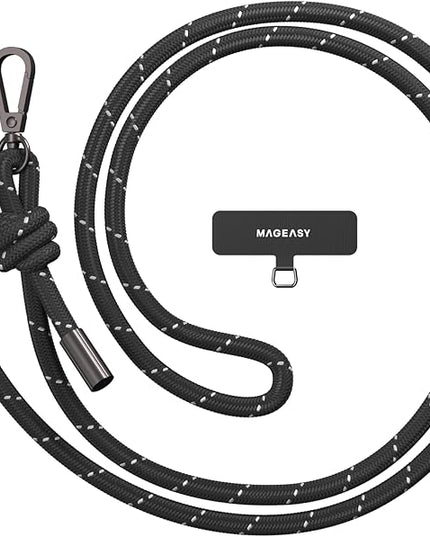 MAGEASY Universal Cell Phone Lanyard - Anti-Theft Thick Rope Crossbody Phone Strap for iPhone 17 Pro Max & Most Smartphones, for Men & Women | 8.3mm Reflect Black