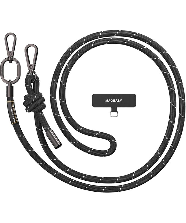 MAGEASY Universal Cell Phone Lanyard - Anti-Theft Thick Rope Crossbody Phone Strap for iPhone 17 Pro Max & Most Smartphones, for Men & Women | 8.3mm Reflect Black