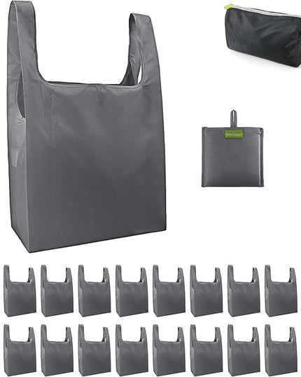 BeeGreen Grey Reusable Shopping Bags Wholesale Gray Reusable Grocery Bags Bulk Foldable-Machine Washable with Zipper Storage Pouch 20 Pieces