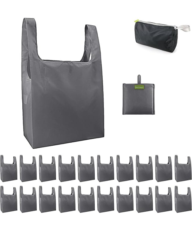 BeeGreen Grey Reusable Shopping Bags Wholesale Gray Reusable Grocery Bags Bulk Foldable-Machine Washable with Zipper Storage Pouch 20 Pieces