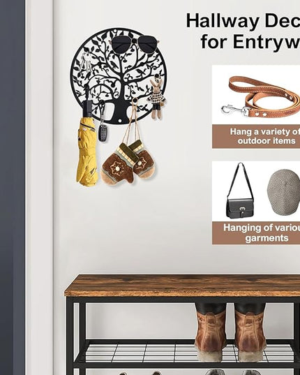 ZULONG Round Decorative Home Key Holder Wall Mount, 2 Pack Metal Tree Car Key Rack for Wall Organizer for Keys, Wallets, Hats, Used for Decor for House Entryway, Kitchen, Garage, Office (12" Black)