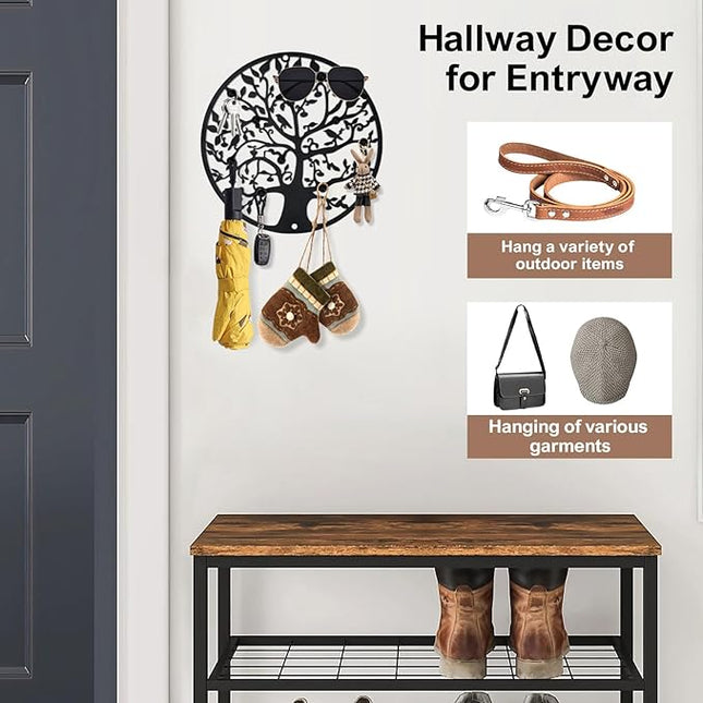 ZULONG Round Decorative Home Key Holder Wall Mount, 2 Pack Metal Tree Car Key Rack for Wall Organizer for Keys, Wallets, Hats, Used for Decor for House Entryway, Kitchen, Garage, Office (12" Black)