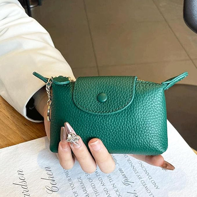 Plinvo Vintage Genuine Leather Coin Purse Keychain for Women Mini Zip Wallet Change Pouch Black (Green)