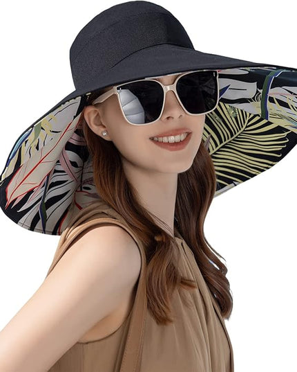 HUAMULAN Women Summer Sun Hat Wide Brim Wired Edge Floral Beach Bucket Hats Reversible Foldable Travel UV Protection Lady Hat