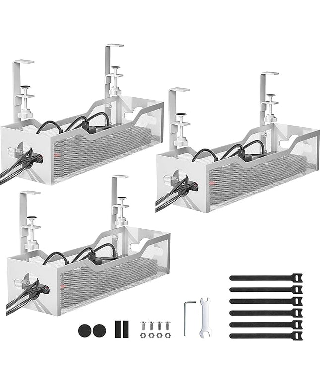 Under Desk Cable Management Tray 3 Pack, Cable Management Under Desk No Drill, Cable Organizer with Clamp for Wire Management, Cord Organizer for Office, Home - No Damage to Table (White)