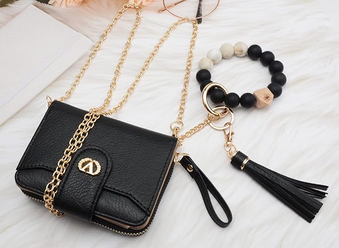 Multi-Purpose Wallet High Capacity Card Holder Zipper Coin Purse with Wristlet Bracelet Keychain Silicone Beaded Bangle Key Ring