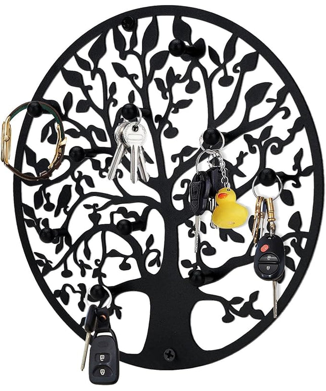 ZULONG Round Decorative Home Key Holder Wall Mount, Metal Tree Car Key Rack for Wall Organizer for Keys, Wallets, Hats, Used for Decor for House Entryway, Kitchen, Garage, Office (12" Black)