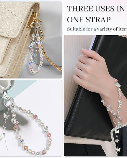 Phone Charm for Women, Anti-Theft Phone Wrist Strap Hands-Free, Crystal Beaded Chain, Detachable Cellphone Lanyard with Tether Tab