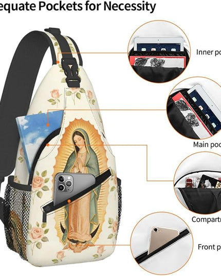 Our Lady of Guadalupe Sling Bag Crossbody Bags Clovers Chest Bag for Travel Hiking for Men Women Flower Mary 4