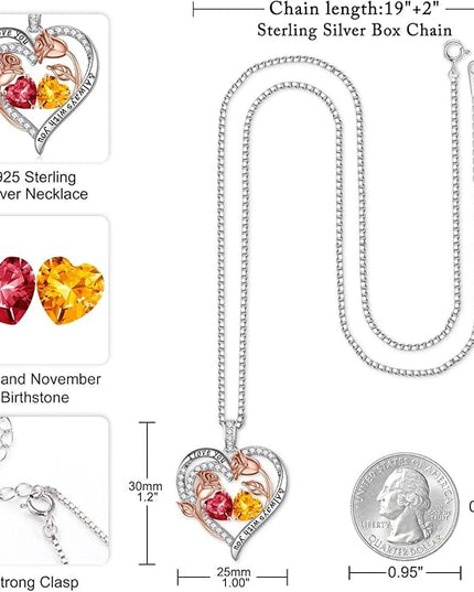 Iefil Christmas Gifts for Women Wife - 925 Sterling Silver Rose Heart Birthstone Necklace Birthday Anniversary Jewelry Gifts for Her Wife Mom Daughter