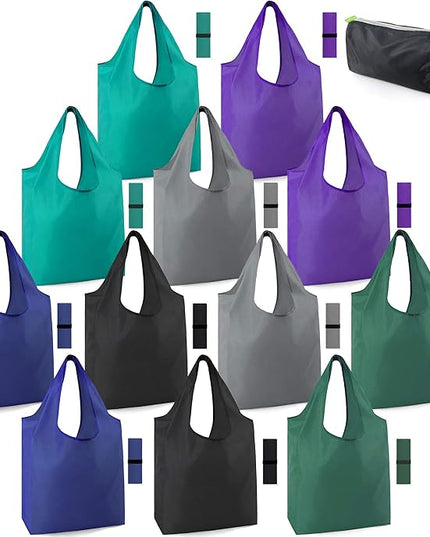 BeeGreen Reusable Bags for Shopping Machine Washable 12 Pack Xlarge Grocery bags Reusable Heavy Duty Folding with Elastic Band Colorful Tote Gift Bags Lightweight Durable Polyester