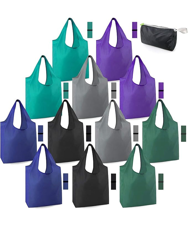 BeeGreen Reusable Bags for Shopping Machine Washable 12 Pack Xlarge Grocery bags Reusable Heavy Duty Folding with Elastic Band Colorful Tote Gift Bags Lightweight Durable Polyester