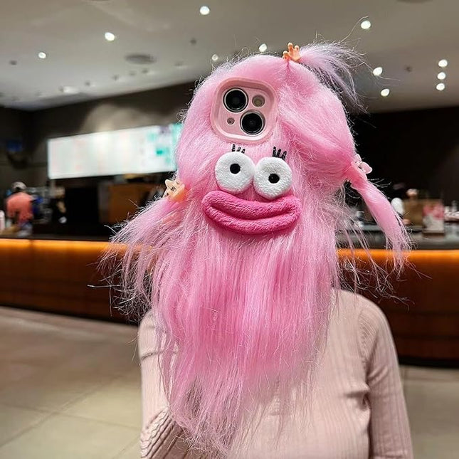 Phone Case for iPhone 14 Plus Pink | Funny and Silly, Weird Furry, DIY Long Hair, with Hairclip, Ugly Phone Case, Swap Challenge Gifts with Friends