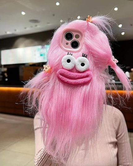for iPhone 14 Pro Max Case Weird Furry Phone Cases Pink | Funny and Silly, DIY Long Hair with Hairclip, Ugly Phone Case, Swap Challenge Gifts with Friends