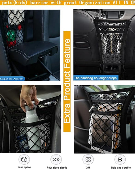 DYKESON Pet Barrier Dog Car Net Barrier with Car Mesh Organizer Baby Stretchable Storage Bag Universal for Cars, SUVs -Easy Install,Safer to Drive with Pets and Children, 3 Layer S