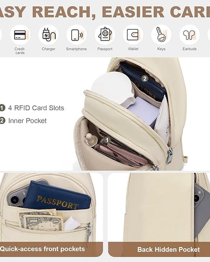 Sling Bag for Women, Anti-Theft RFID Crossbody Bag Nylon Sling Purse for Travel, Puffy Small backpack for Daily Hiking Sports White