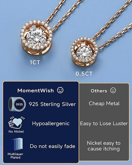 MomentWish Floating Necklace for Women, 0.5/1 Carat Dancing Moissanite Necklace for Her 925 Sterling Silver Pendant Anniversary Birthday Christmas Gift for Wife Mom Girlfriend