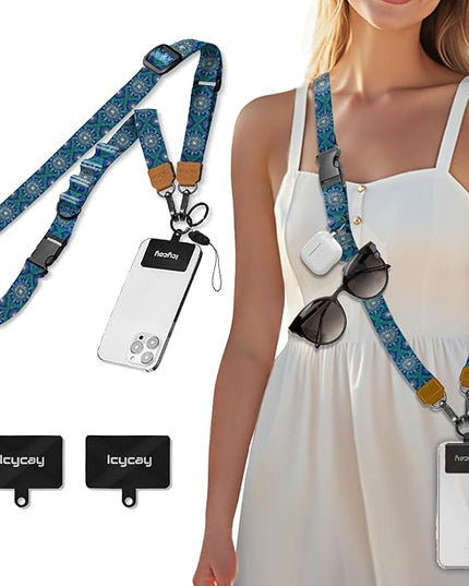 Phone Lanyard Crossbody, Boho Blue Cell Phone Strap for Around The Neck Adjustable, Anti Theft Cute Lanyard for iPhone Case ID Holder Keys Accessories Travel Essential