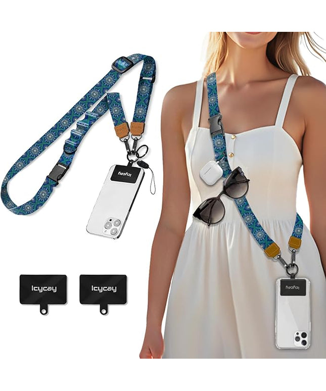 Phone Lanyard Crossbody, Boho Blue Cell Phone Strap for Around The Neck Adjustable, Anti Theft Cute Lanyard for iPhone Case ID Holder Keys Accessories Travel Essential