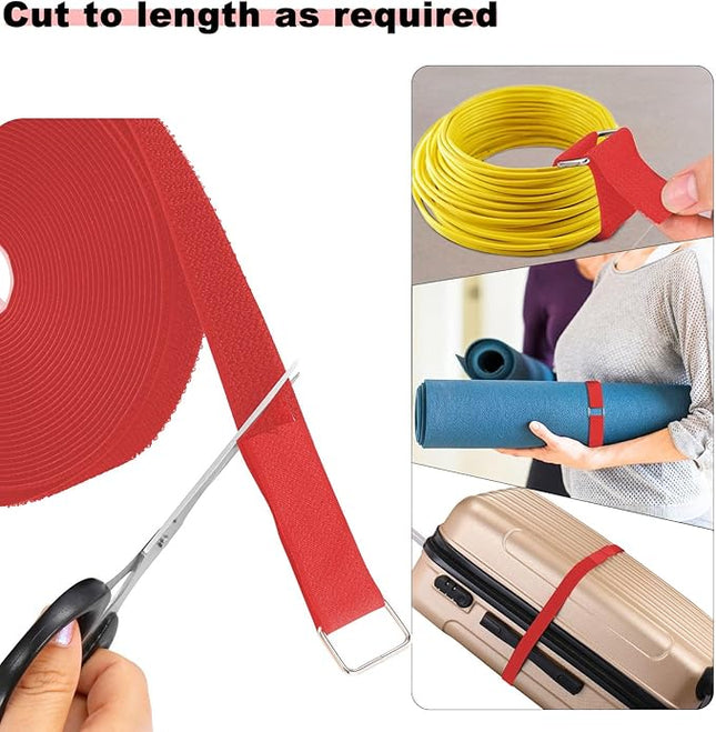 1"x16ft Hook and Loop Straps with 25 Metal Buckles, Adjustable Fastening Cable Straps, Cut-to-Length Cinch Strap, Reusable Nylon Securing Cord Ties for Organizer or Storage, 1 inch Wide,Red