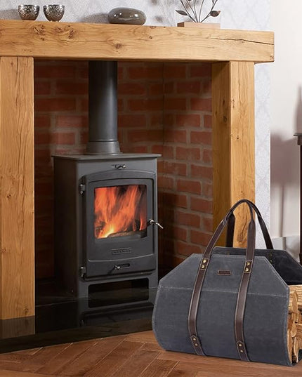 Log Carrier|Waxed Canvas Log Holder|Firewood Carrier Tote Bag|Fireplace Wood Stove Accessories-Grey