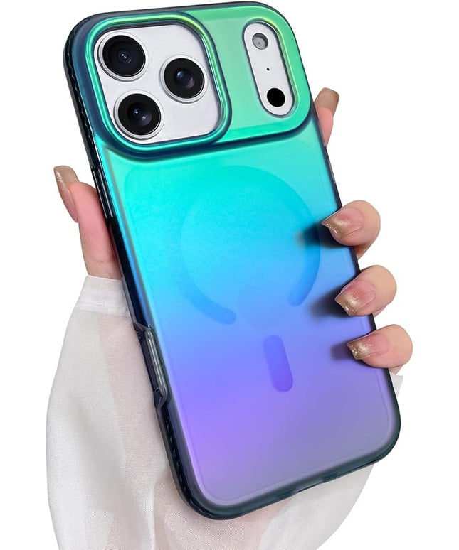 Aesthetic Case for iPhone 17 Pro Case for Women Girls [Compatible with Magsafe] Cute Girly Trendy Glitter Sparkly Rainbow Magnetic Protective Phone Cover, Matte Iridescent Blue & Green