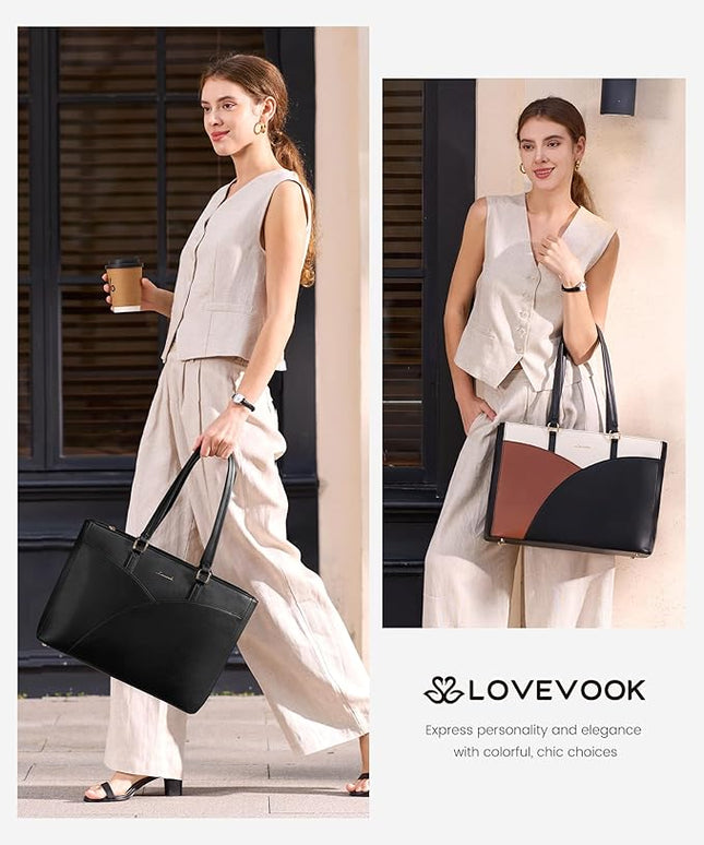 LOVEVOOK Laptop Bag for Women,15.6 Inch Work Teacher Bags Leather Tote Bag Briefcase Waterproof Computer Bag for Women，Black
