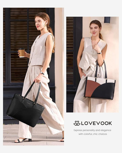 LOVEVOOK Laptop Bag for Women,16 Inch Work Teacher Bags Leather Tote Bag Briefcase Waterproof Computer Bag for Women，Black