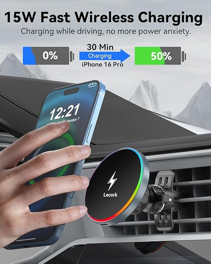 Lecork for Magsafe Car Mount Charger, 15W Air Vent Magnetic Wireles Car Mount Charger for iPhone 17 Pro Max Accessories, Car Phone Holder for iPhone 17 16 15 14 13, Zinc Alloy Case, Deep Grey