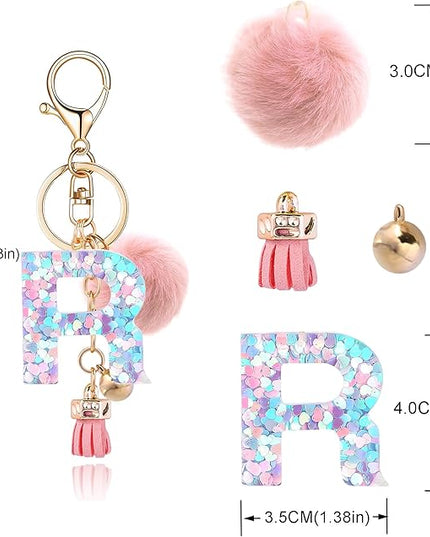 Resin Alphabet Initial Letter Keychain Keyring for Women Purse Handbags With Fur Ball Pom