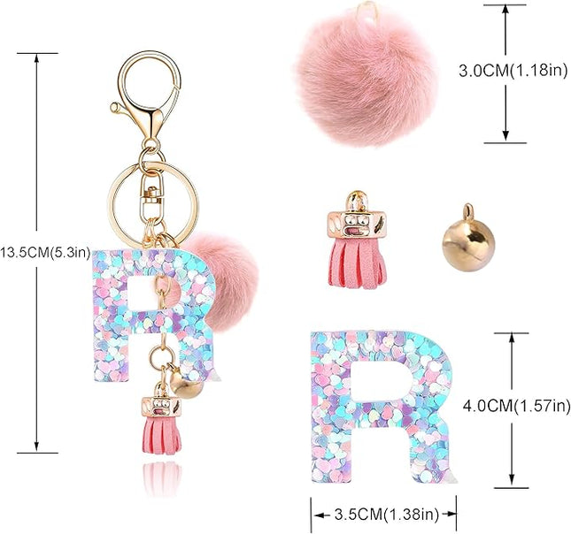Resin Alphabet Initial Letter Keychain Keyring for Women Purse Handbags With Fur Ball Pom