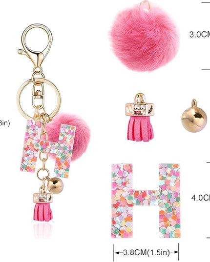 Resin Alphabet Initial Letter Keychain Keyring for Women Purse Handbags With Fur Ball Pom