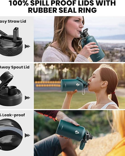 Insulated Water Bottle 64 oz, Triple Wall Vacuum Stainless Steel (Cold for 48 Hrs), Leak Proof & Non-BPA, Half Gallon Water Flask Jug with Paracord Handle & Straw Spout Lids, Dark Green