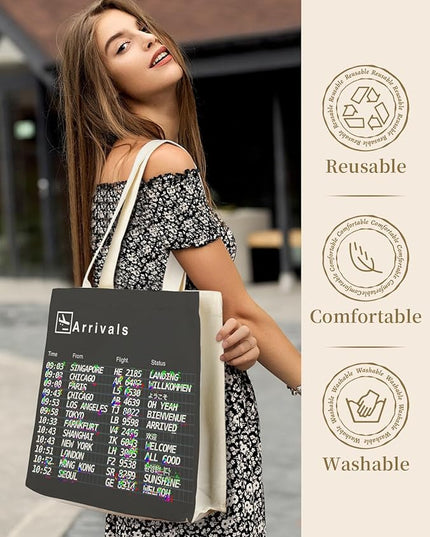 AUSVKAI Canvas Tote Bag Aesthetic for Women, Cute Reusable Bags with Pockets & Snaps for Beach Shopping College Gym Grocery
