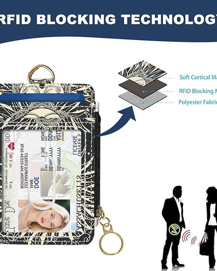 Slim Wallet Credit Card Holder, Sun and Moon FaceX, RFID Wallet Women Cute Small Front Pocket Wallet With Zipper, PU Leather Thin travel RFID Blocking Card Case ID Window,Ladies Gifts