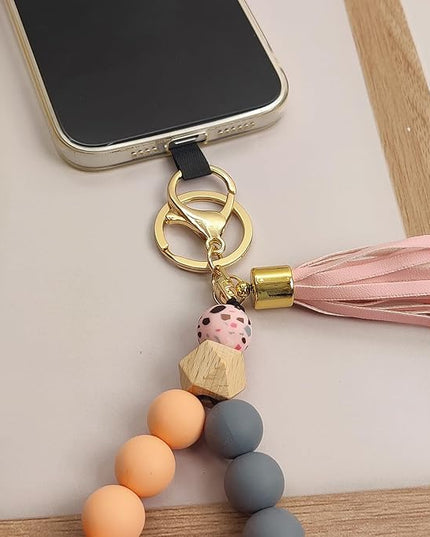 Phone Lanyard Silicone Beaded Phone Wrist Strap Cute Elastic Cell Phone Wristlet Chain Bracelet with 2 Tether Tab