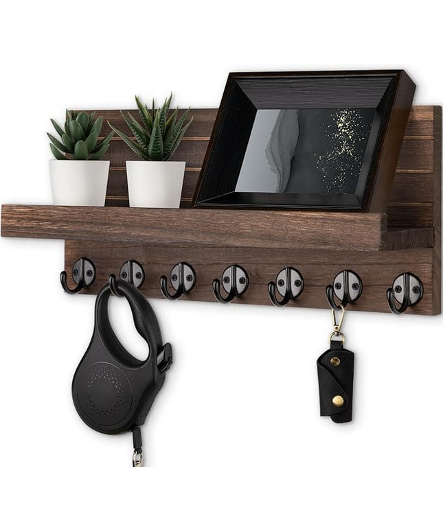 Lwenki Key Holder Wall Mount, Entryway Key and Mail Holder with 7 Sturdy Hooks for Sunglasses, Dog Leash, Decorative Wall Shelf with Mounting Hardware, 15”W x 6.7”H x 4.2”D (Brown)