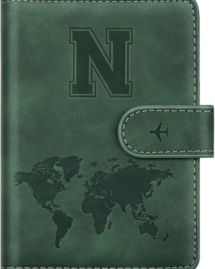 Personalized N Passport Holder Cover Initial Letter Travel Wallet RFID Blocking Passport Cover Credit Card Holder Case Passport Book Holders for Women and Men, Pine Green-N