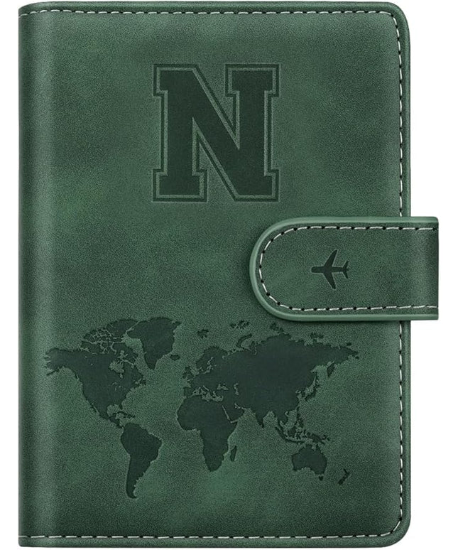 Personalized N Passport Holder Cover Initial Letter Travel Wallet RFID Blocking Passport Cover Credit Card Holder Case Passport Book Holders for Women and Men, Pine Green-N