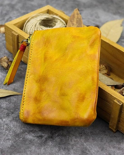ZYLOXAR Genuine Leather Coin Pouch with Zipper Snap Closure Crazy Horse Wallet for Women (Yellow)