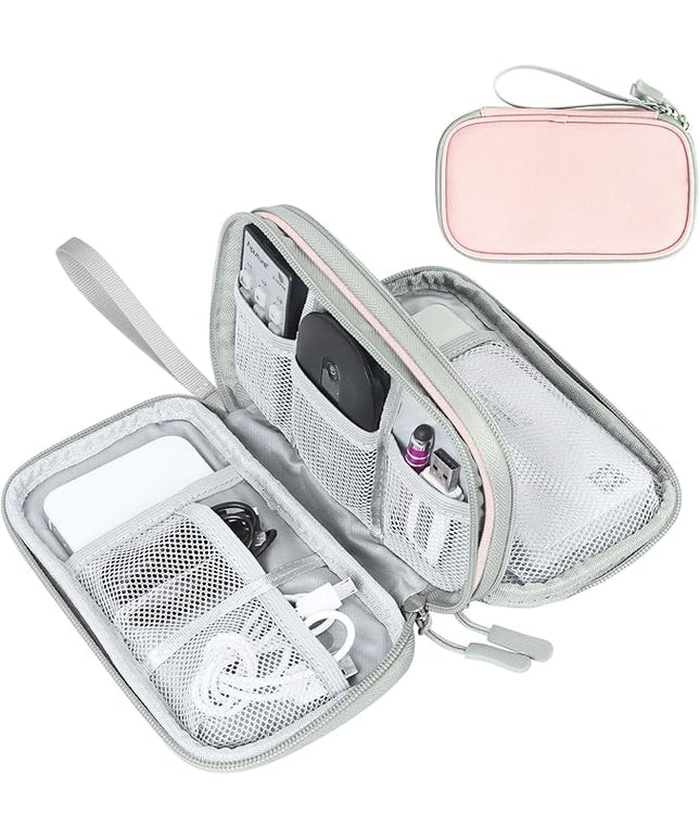 FYY Electronic Organizer, Travel Cable Organizer Bag Pouch Electronic Accessories Carry Case Portable Waterproof Double Layers Storage Bag for Cable, Cord, Phone, Earphone, Medium Size, Light Pink